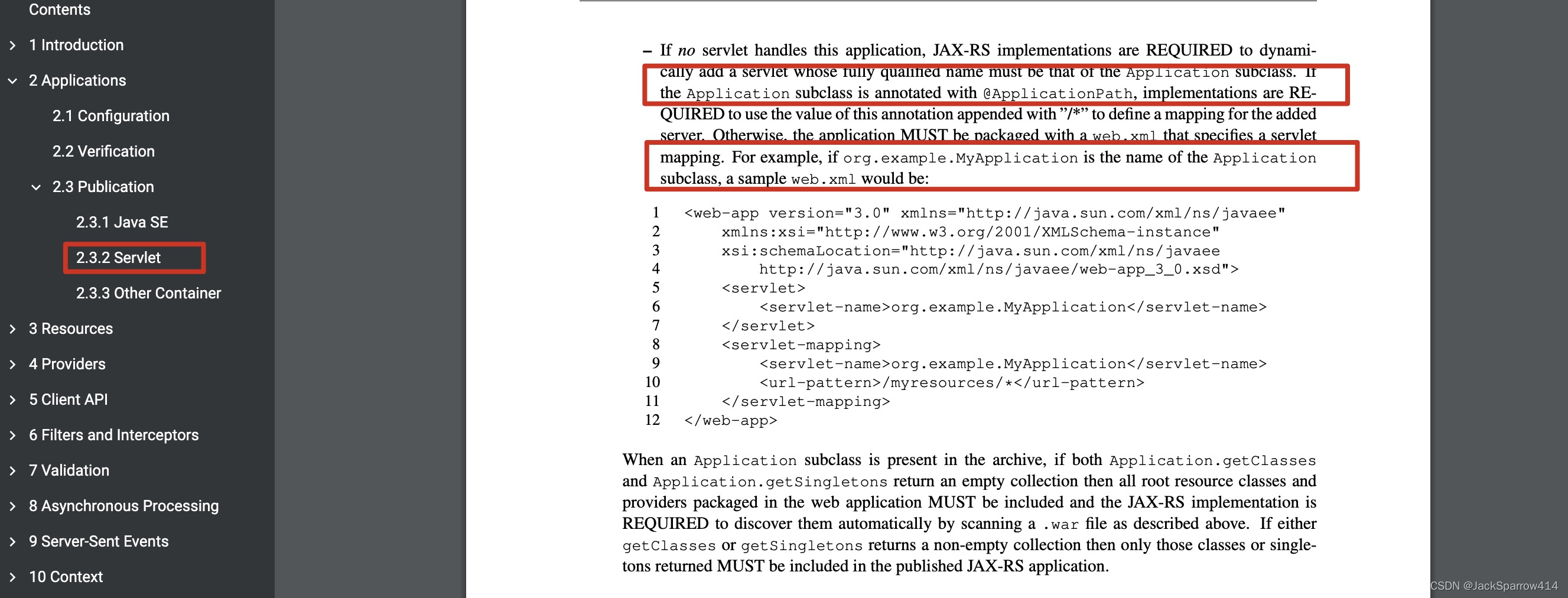 Application configuration and examples in the JAX-RS specification