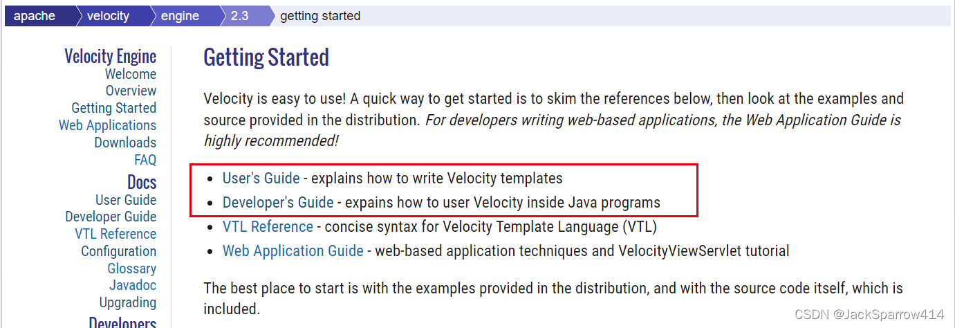 User's Guide and Developer's Guide entries on the Velocity website
