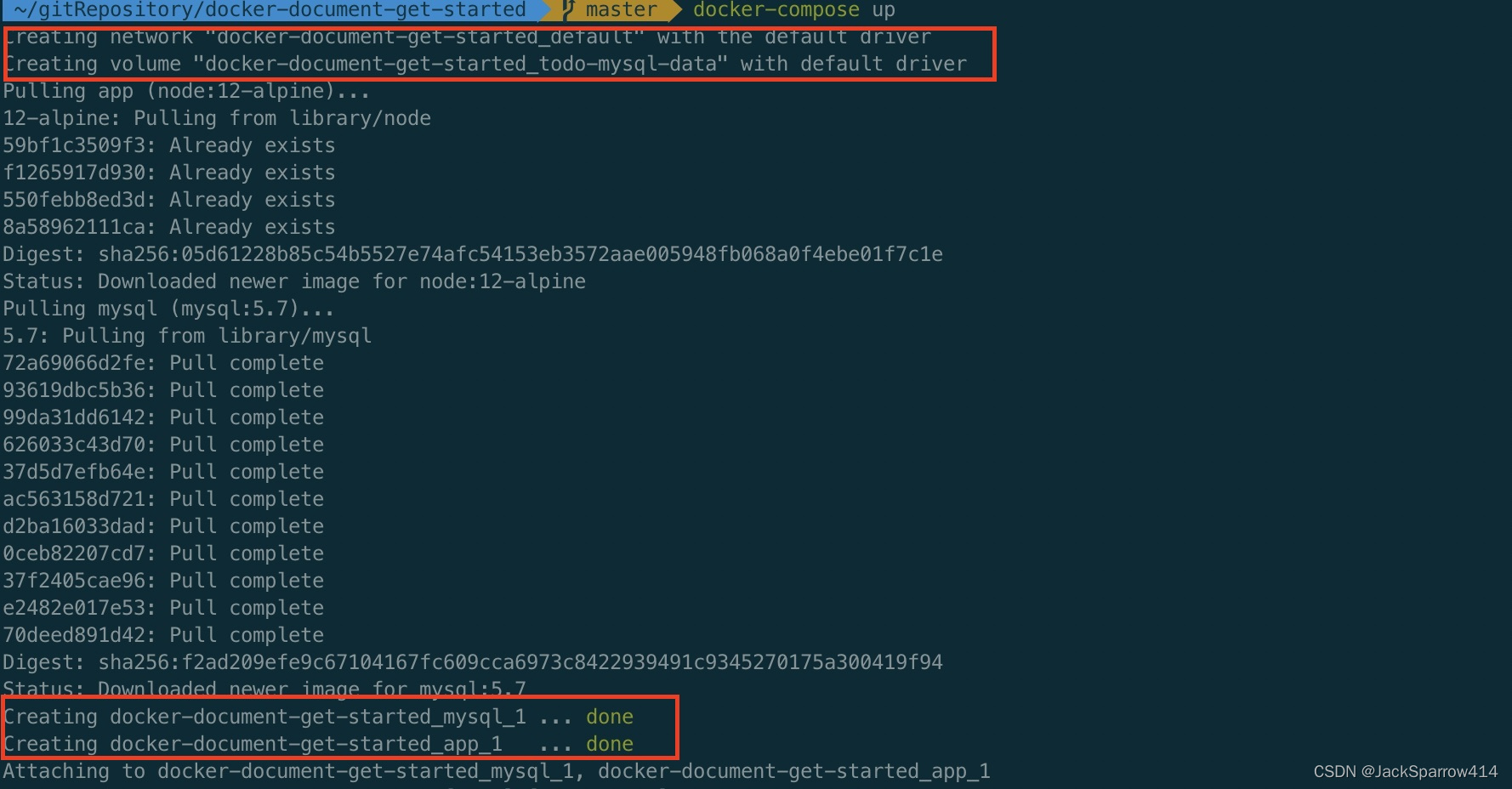 Docker Compose 创建网络并启动应用和 MySQL 容器的日志