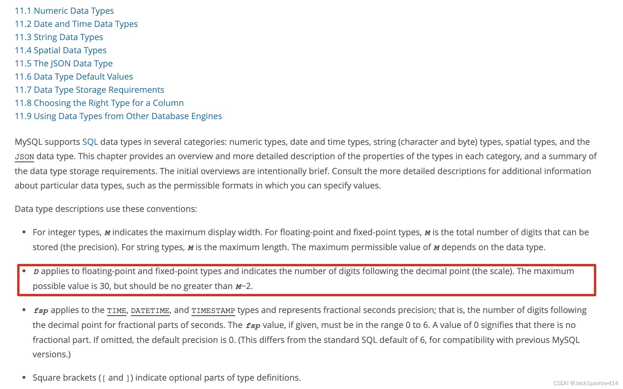 MySQL floating-point documentation describing digits and precision in FLOAT(M,D)