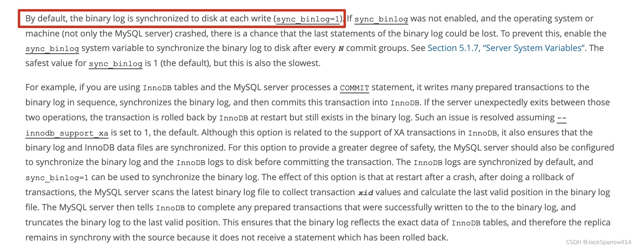 MySQL documentation describing binary log writes and synchronization at transaction commit