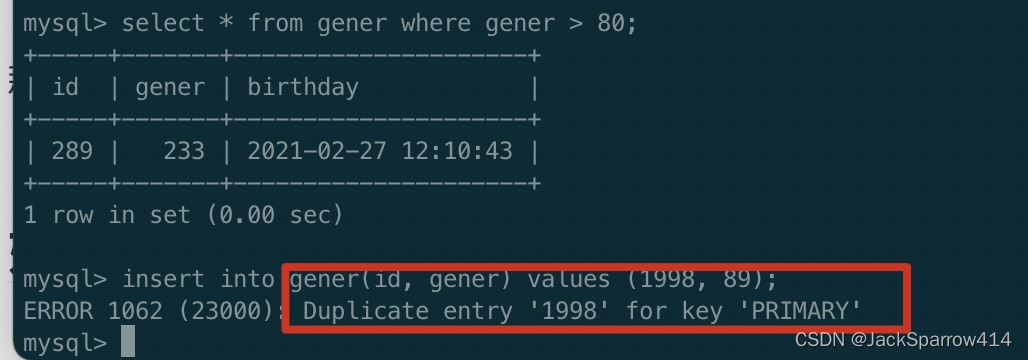 Client B receiving a Duplicate entry error when inserting the existing primary key 1998