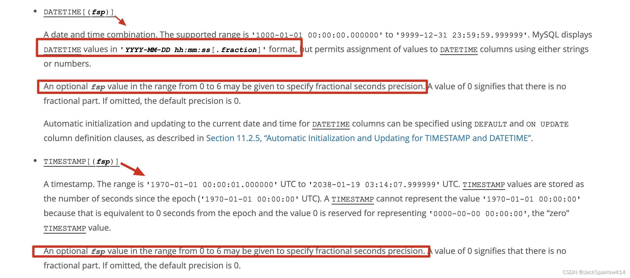 MySQL datetime documentation describing microsecond precision for DATETIME and TIMESTAMP