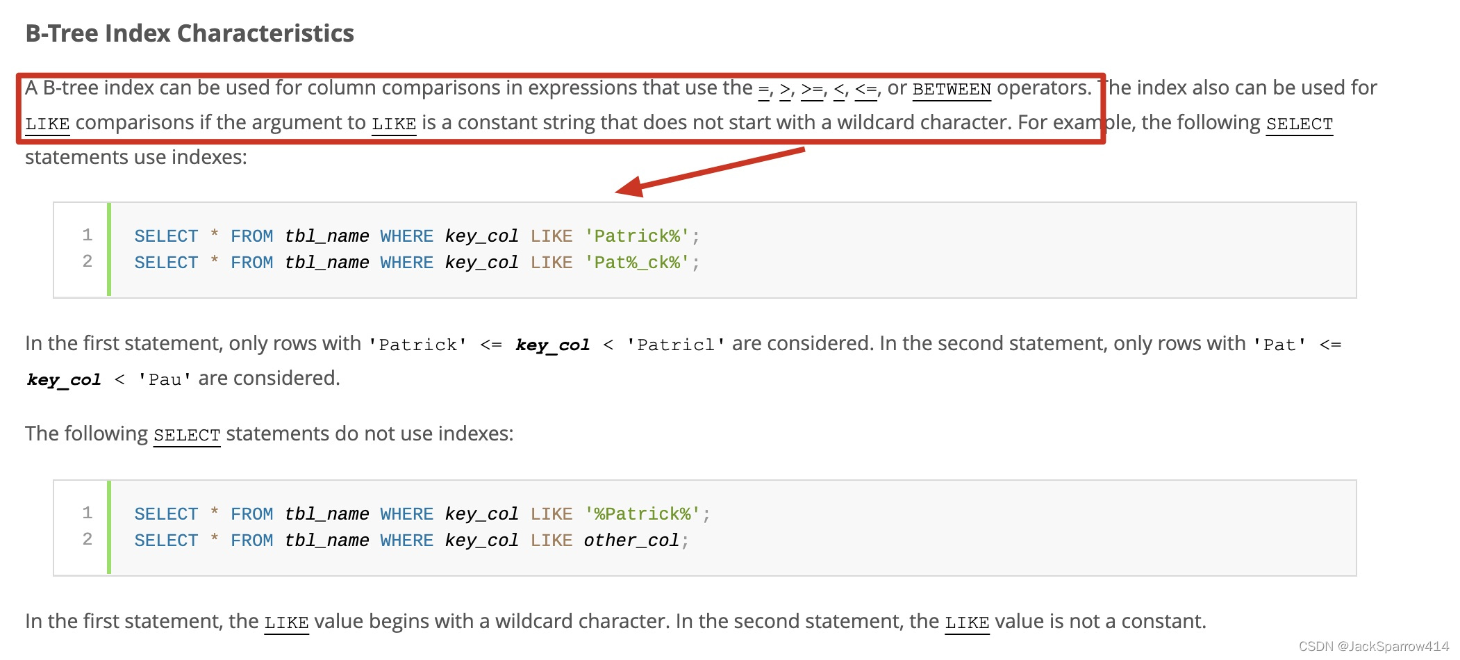 MySQL documentation describing B-Tree comparisons and LIKE prefix conditions