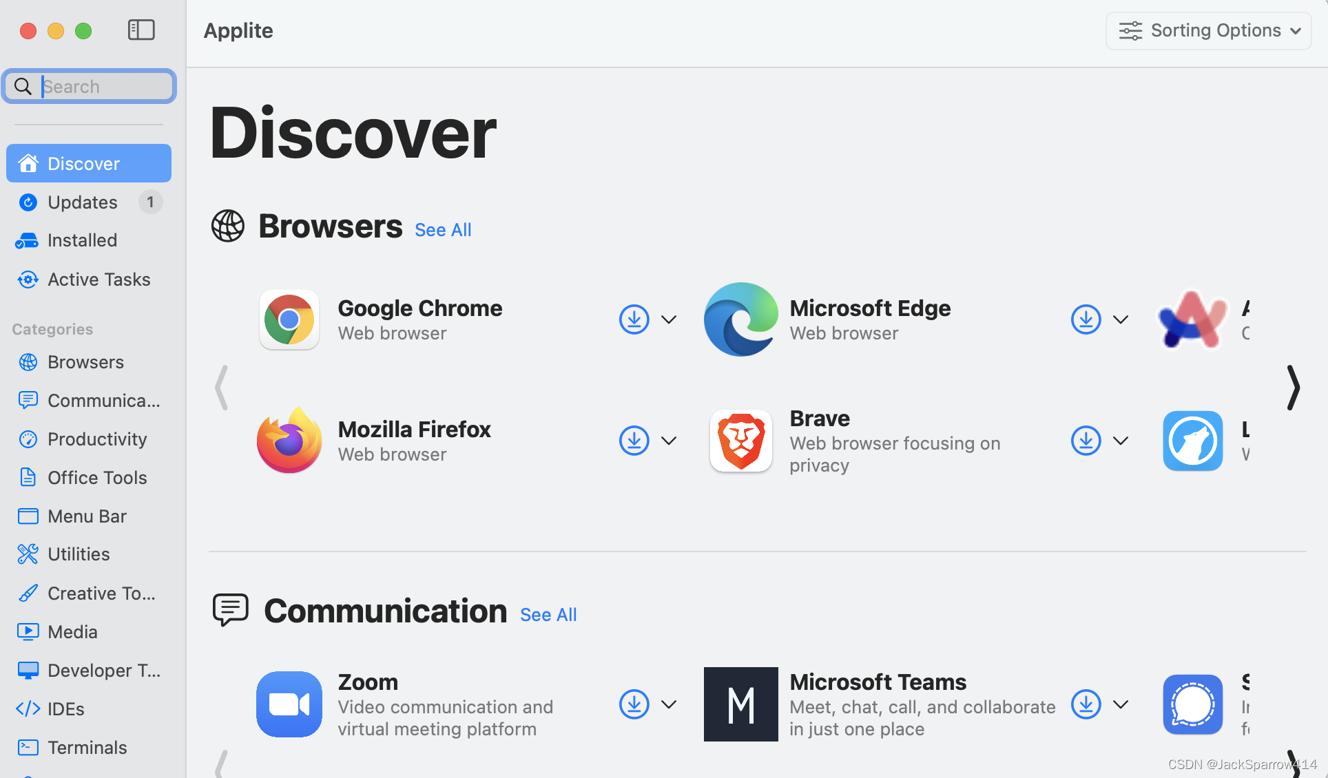 Applite Discover page showing installable applications by category