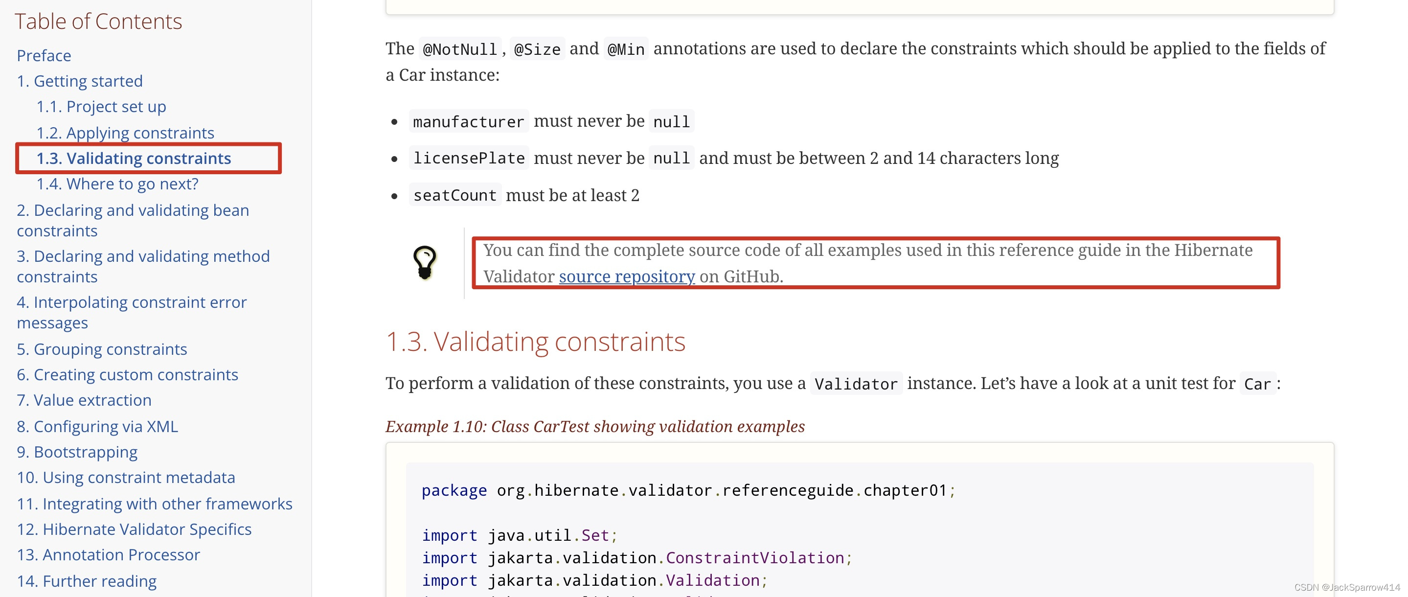 Constraint validation and complete example code link in Hibernate Validator documentation