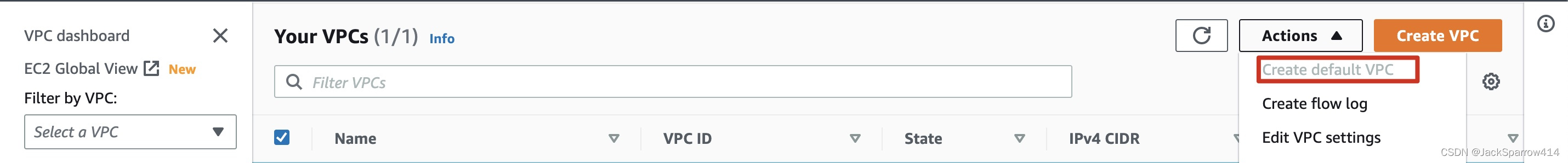 AWS VPC 控制台 Actions 菜单中的 Create Default VPC 选项