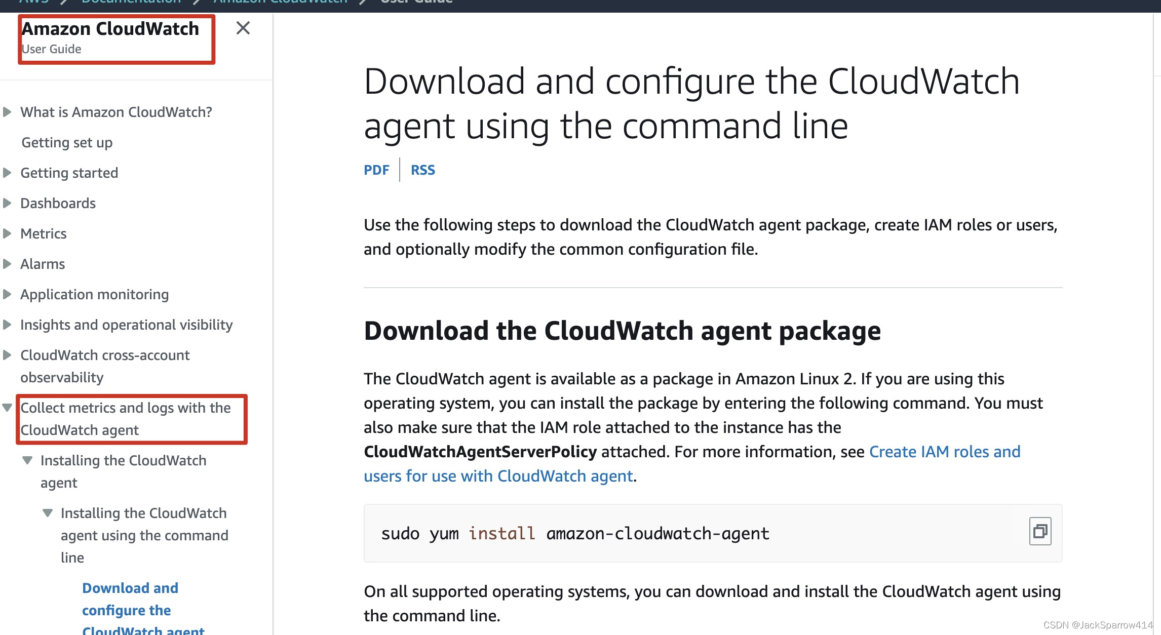 AWS 文档中的 CloudWatch agent 下载与命令行配置说明