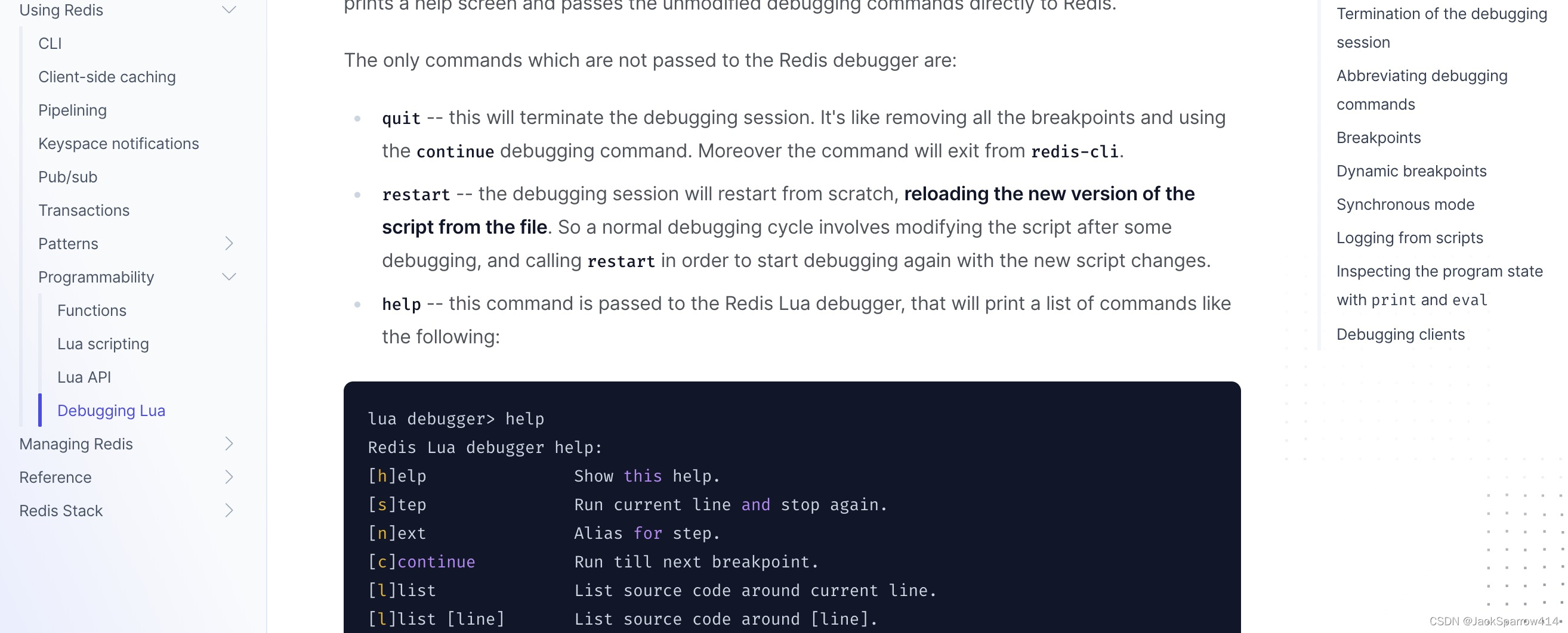 Lua debugging commands and examples in the Redis documentation