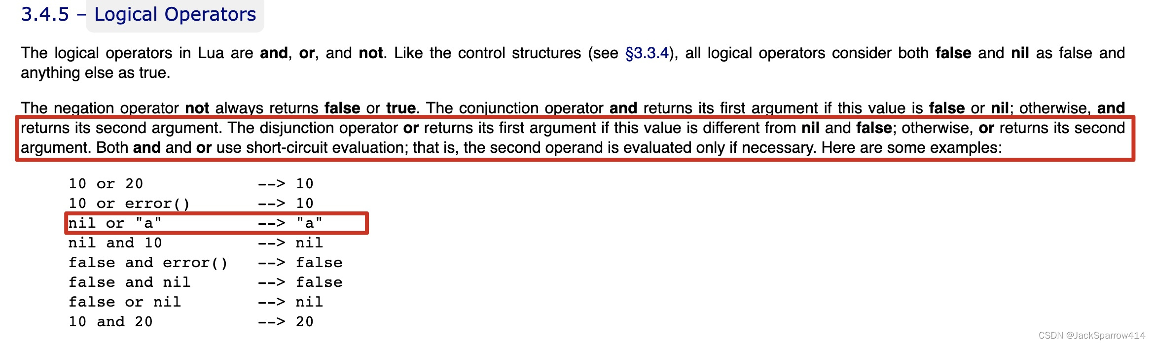 Lua manual explaining short-circuit evaluation and return values for and and or