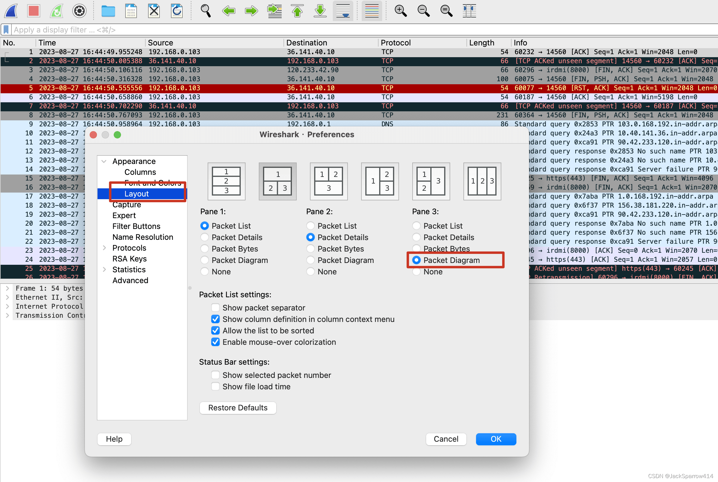 Wireshark Preferences 中配置窗格布局与 Packet Diagram
