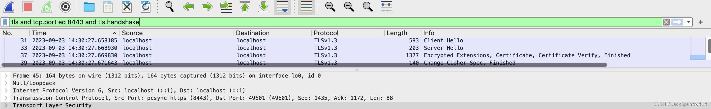 Wireshark 抓取本地 HTTPS 请求的 TLS 握手报文列表