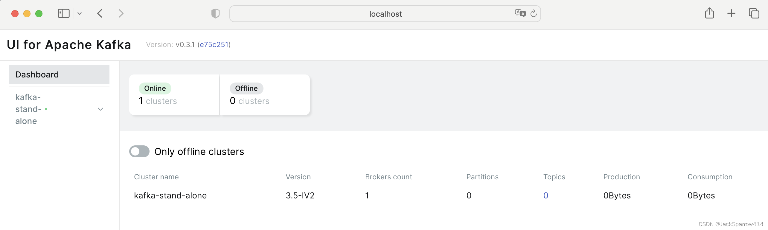 Kafka UI 界面显示 kafka-stand-alone 集群在线