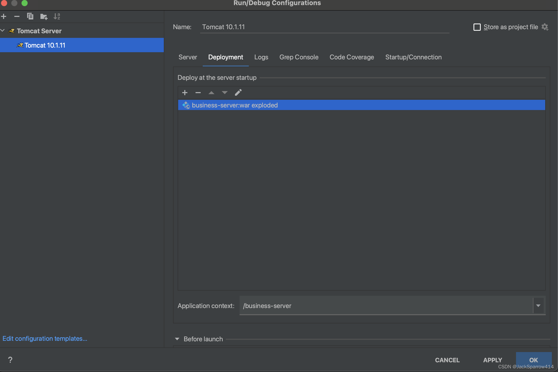 Deployment tab of the Tomcat 10.1.11 run configuration in IDEA: deploys business-server:war exploded with Application context set to /business-server
