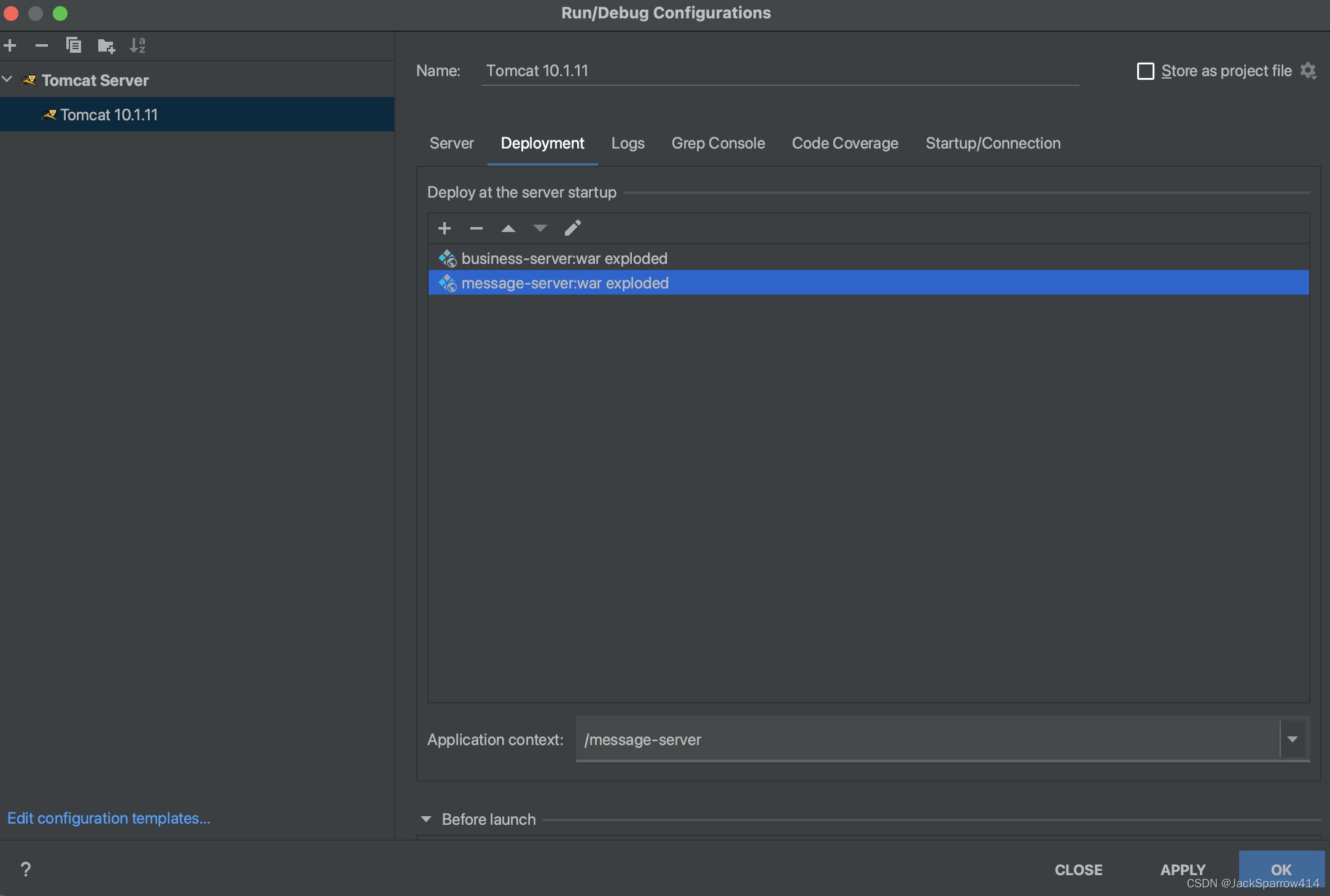 IDEA run configuration: the Deployment tab of Tomcat 10.1.11 deploying the business-server and message-server wars