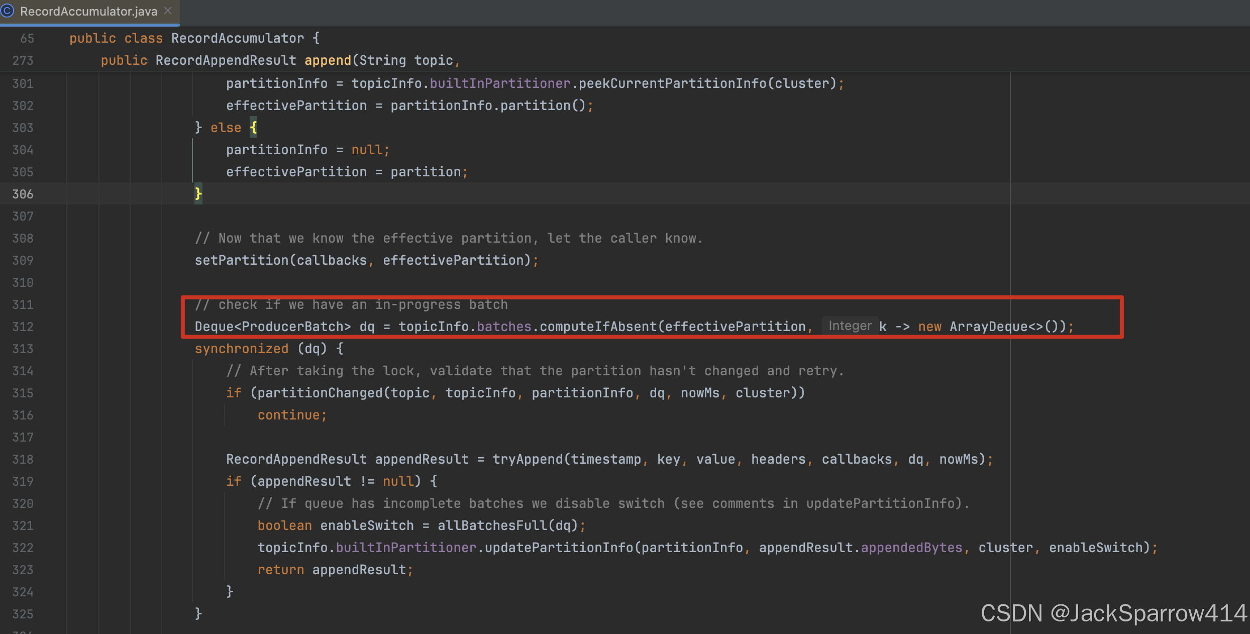 Kafka RecordAccumulator source using a queue to buffer batches for sending