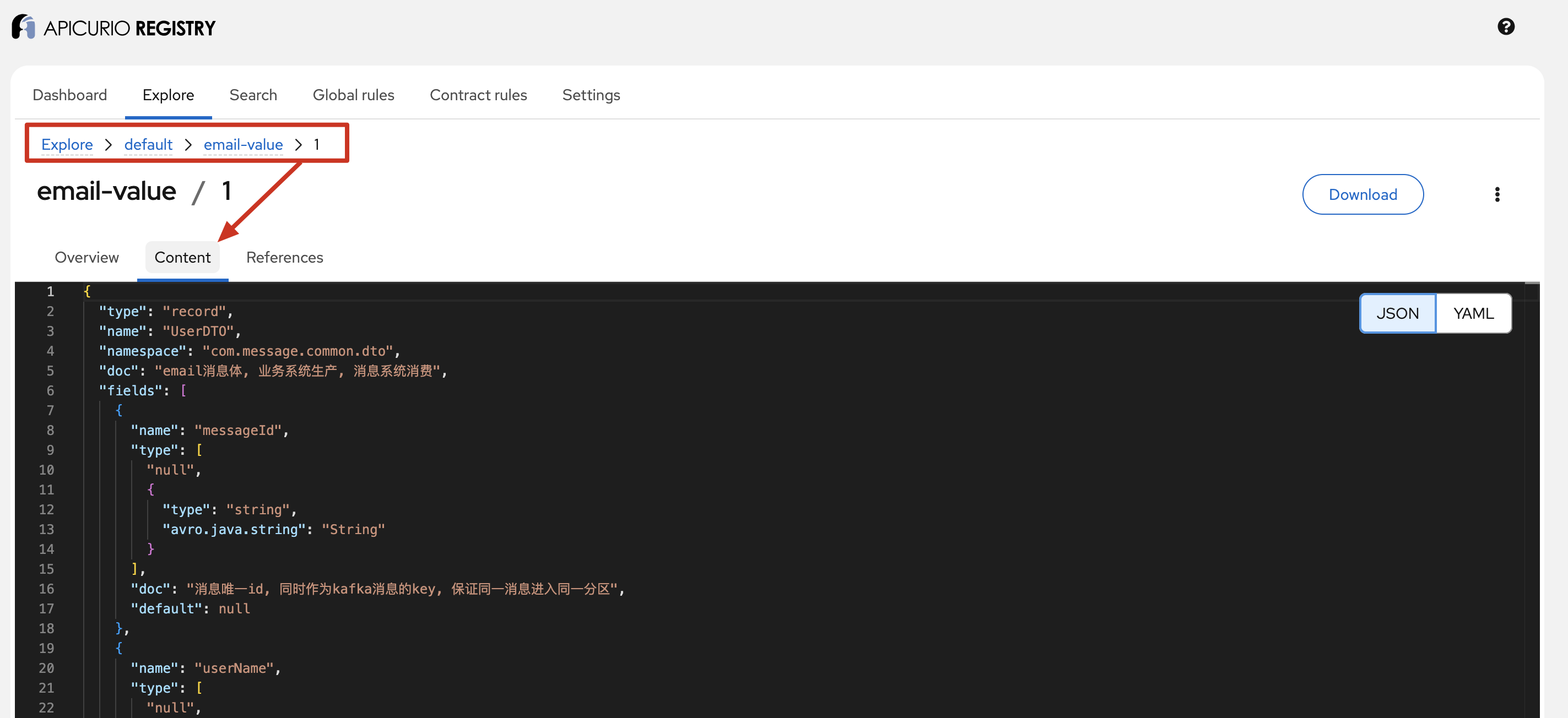 Apicurio Web Console 中 email-value 版本 1 的 Content 页展示的 UserDTO schema 详情