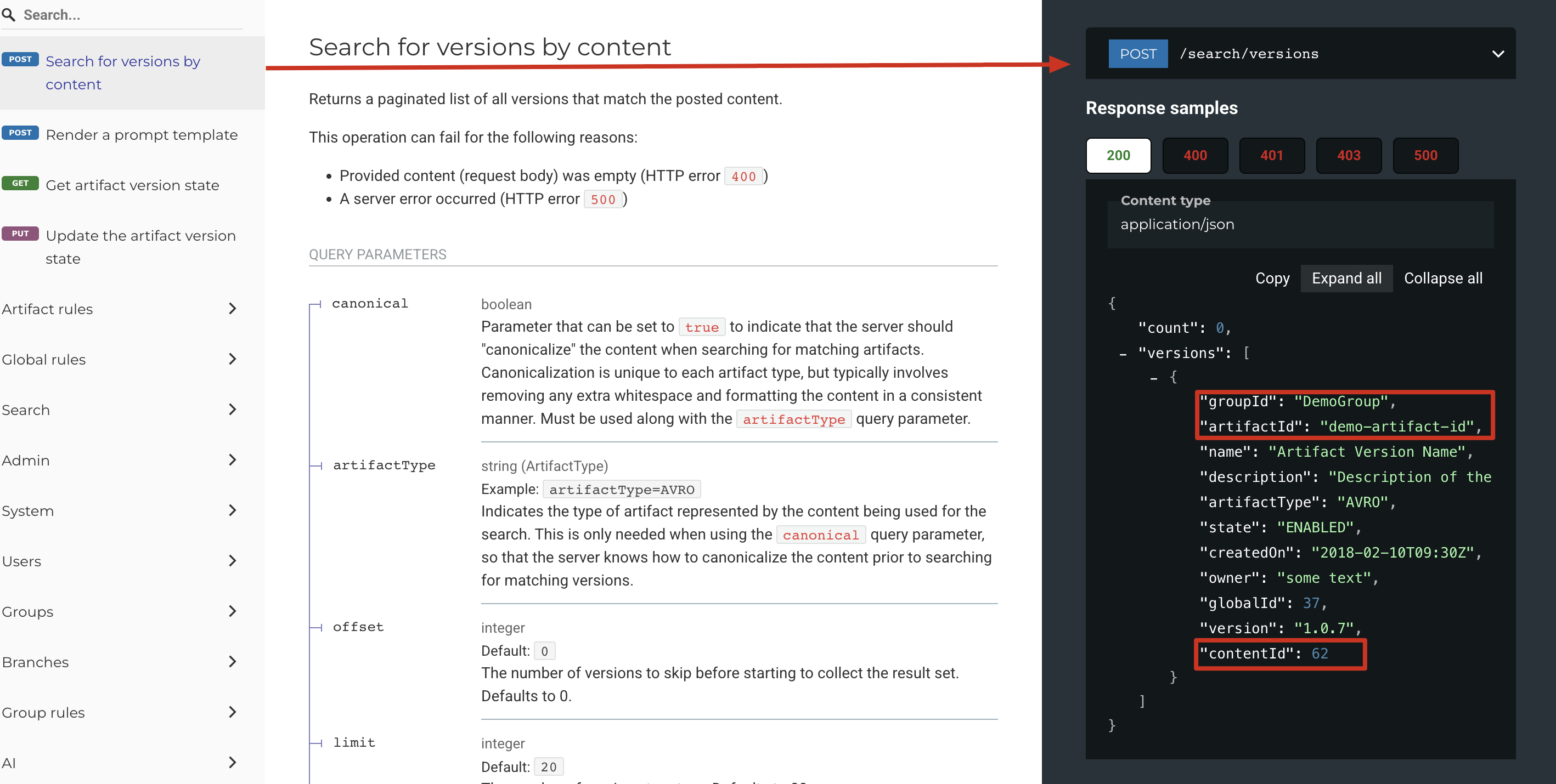 Apicurio REST API 文档中 Search for versions by content(POST /search/versions)接口的请求参数与响应示例,响应中包含 contentId